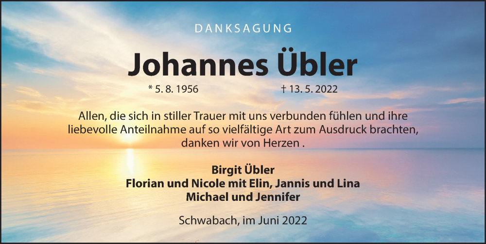  Traueranzeige für Johannes Übler vom 08.06.2022 aus Gesamtausgabe Nürnberger Nachrichten/ Nürnberger Ztg.