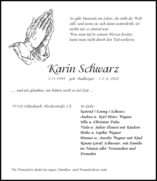 Traueranzeige von Karin Schwarz von Schwabacher Tagblatt Lokal