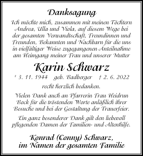 Traueranzeige von Karin Schwarz von Schwabacher Tagblatt Lokal