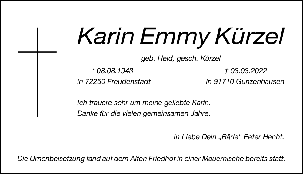  Traueranzeige für Karin Emmy Kürzel vom 11.06.2022 aus Altmühl-Bote Lokal