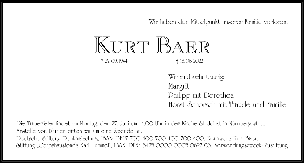  Traueranzeige für Kurt Baer vom 24.06.2022 aus Gesamtausgabe Nürnberger Nachrichten/ Nürnberger Ztg.