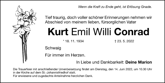 Traueranzeige von Kurt Emil Willi Conrad von Gesamtausgabe Nürnberger Nachrichten/ Nürnberger Ztg.