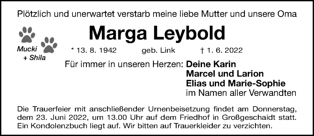  Traueranzeige für Marga Leybold vom 20.06.2022 aus Gesamtausgabe Nürnberger Nachrichten/ Nürnberger Ztg.