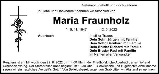 Traueranzeige von Maria Fraunholz von Nordbayerische Nachrichten Pegnitz Lokal