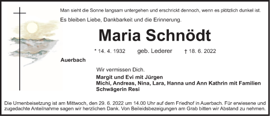 Traueranzeige von Maria Schnödt von Nordbayerische Nachrichten Pegnitz Lokal