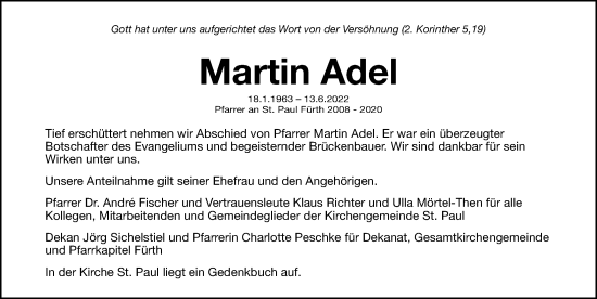 Traueranzeige von Martin Adel von Fürther Nachrichten Lokal