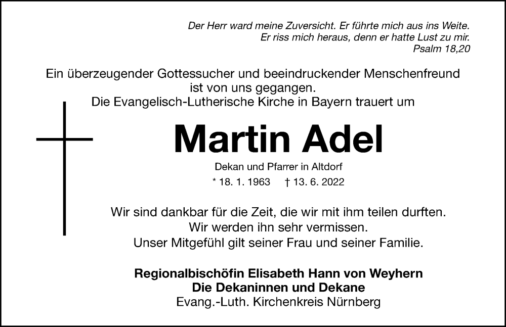  Traueranzeige für Martin Adel vom 18.06.2022 aus Gesamtausgabe Nürnberger Nachrichten/ Nürnberger Ztg./ Fürther Nachrichten