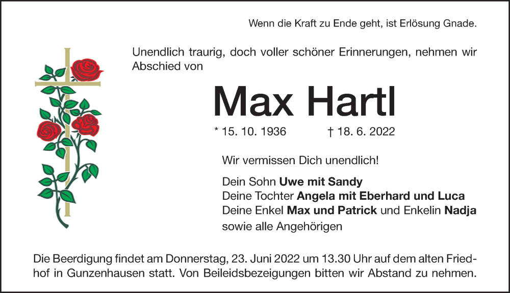  Traueranzeige für Max Hart vom 22.06.2022 aus Altmühl-Bote Lokal
