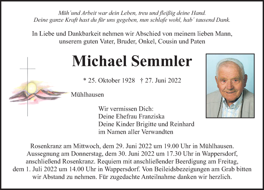 Traueranzeige für Michael Semmler vom 29.06.2022 aus Neumarkter Nachrichten Lokal