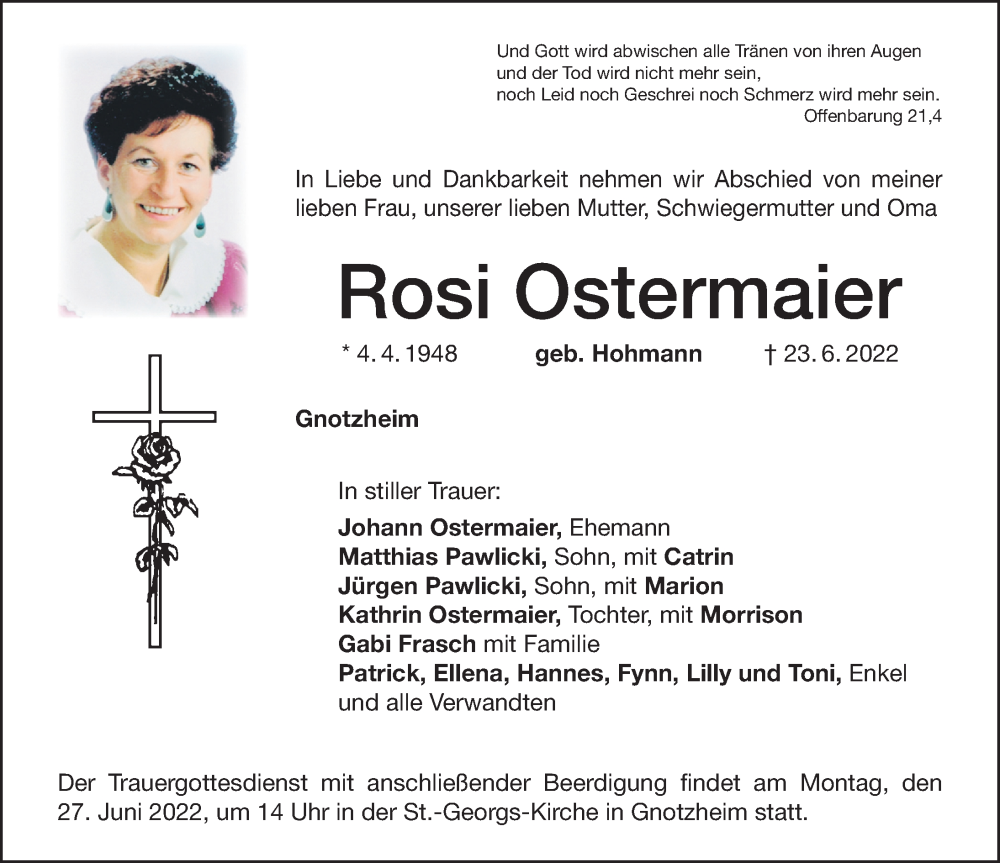 Traueranzeigen von Rosi Ostermaier | trauer.nn.de