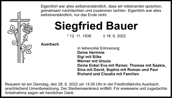 Traueranzeige von Siegfried Bauer von Nordbayerische Nachrichten Pegnitz Lokal