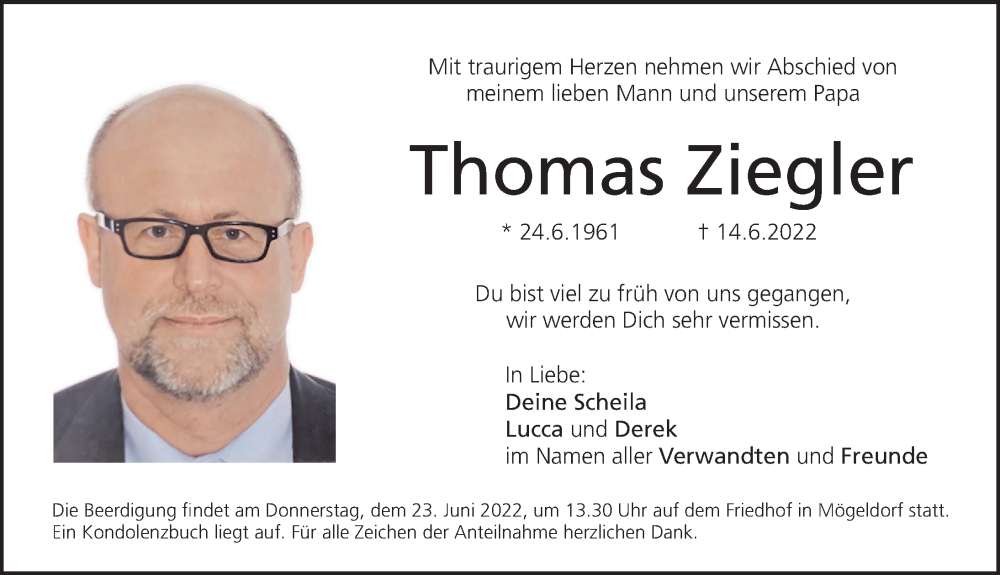  Traueranzeige für Thomas Ziegler vom 18.06.2022 aus Gesamtausgabe Nürnberger Nachrichten/ Nürnberger Ztg.