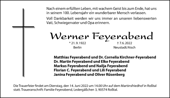 Traueranzeige von Werner Feyerabend von Gesamtausgabe Nürnberger Nachrichten/ Nürnberger Ztg.