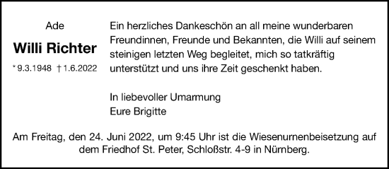 Traueranzeige von Willi Richter von Gesamtausgabe Nürnberger Nachrichten/ Nürnberger Ztg.