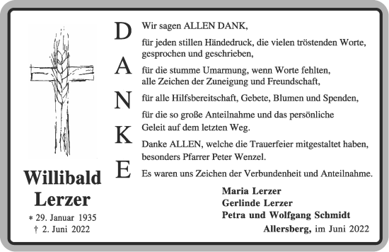 Traueranzeige von Willibald Lerzer von Roth-Hilpoltsteiner Volkszeitung Lokal