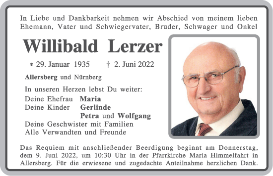 Traueranzeige von Willibald Lerzer von Roth-Hilpoltsteiner Volkszeitung Lokal