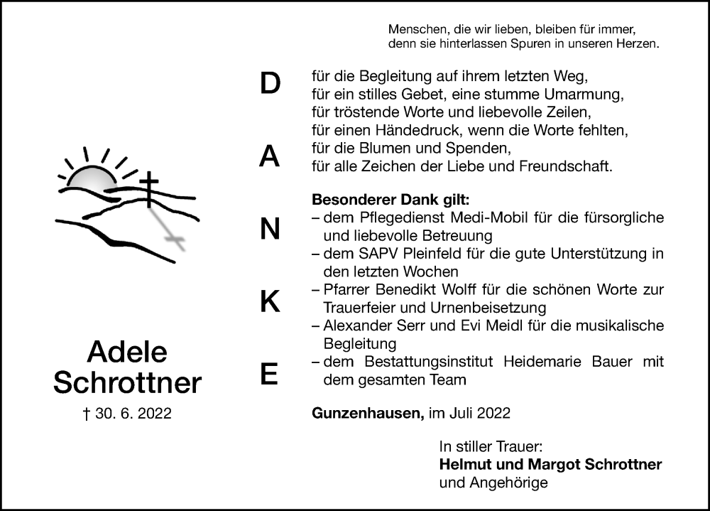  Traueranzeige für Adele Schrottner vom 16.07.2022 aus Altmühl-Bote Lokal