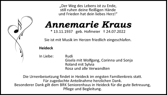 Traueranzeige von Annemarie Kraus von Roth-Hilpoltsteiner Volkszeitung Lokal