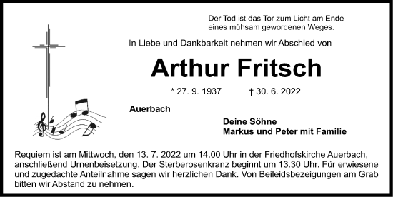 Traueranzeige von Arthur Fritsch von Nordbayerische Nachrichten Pegnitz Lokal