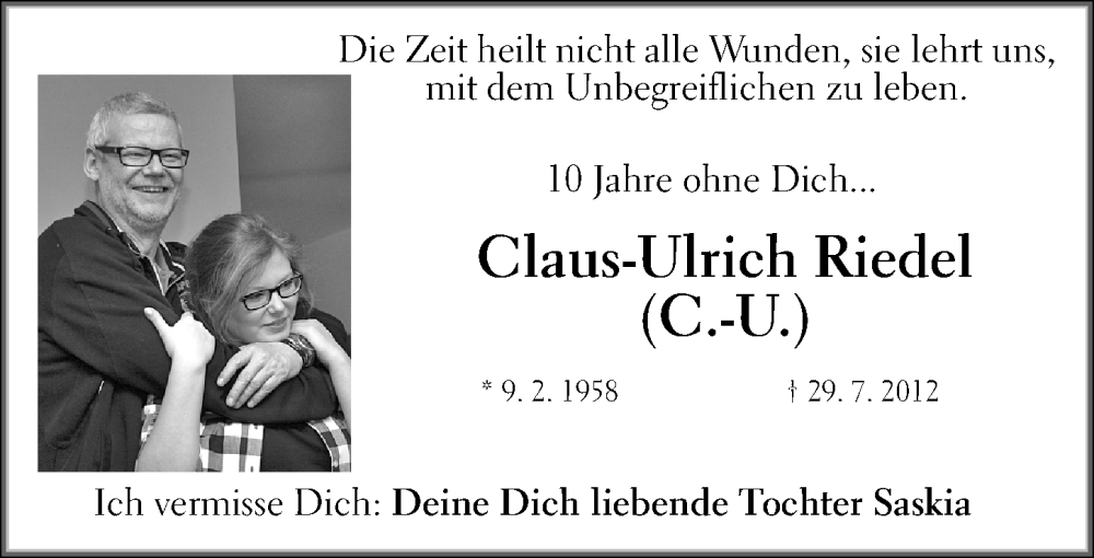  Traueranzeige für Claus-Ulrich Riedel vom 29.07.2022 aus Erlanger Nachrichten Lokal