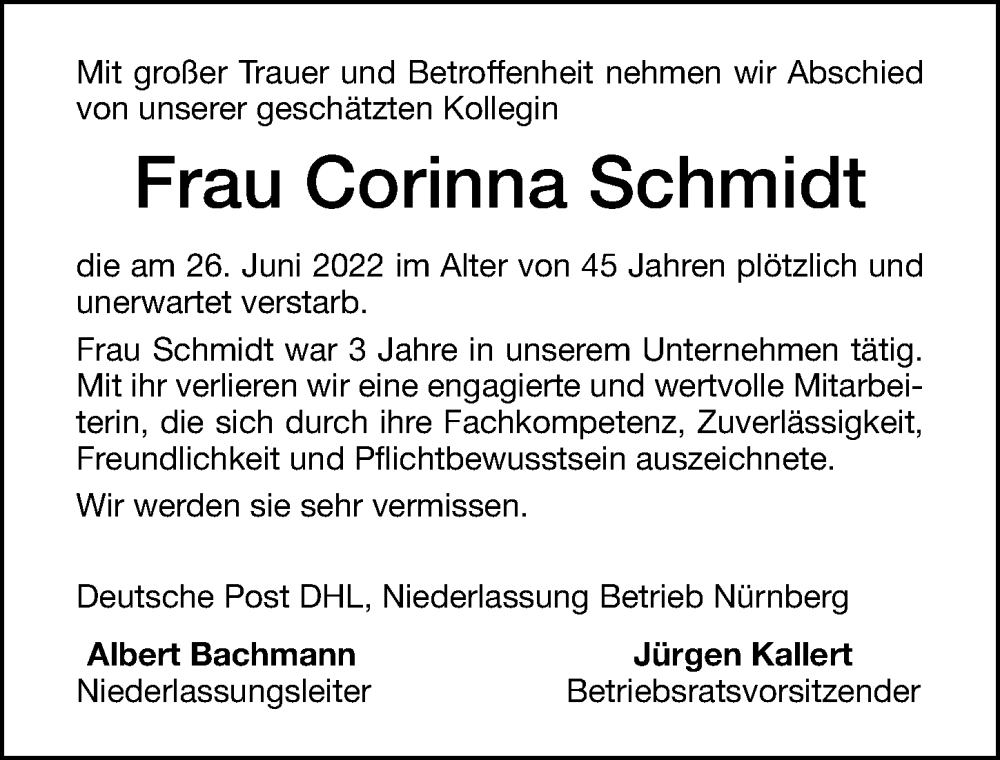  Traueranzeige für Corinna Schmidt vom 02.07.2022 aus Altmühl-Bote Lokal