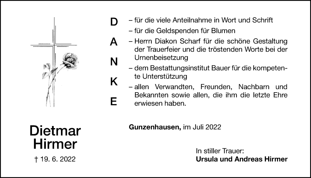 Traueranzeige für Dietmar Hirmer vom 19.07.2022 aus Altmühl-Bote Lokal