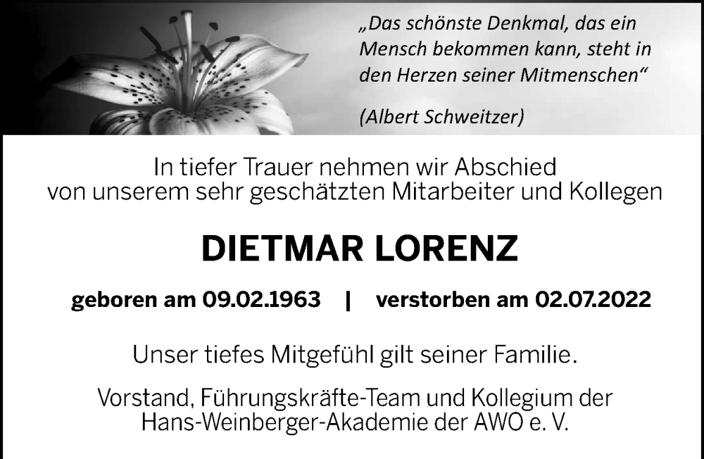  Traueranzeige für Dietmar Lorenz vom 20.07.2022 aus Gesamtausgabe Nürnberger Nachrichten/ Nürnberger Ztg.