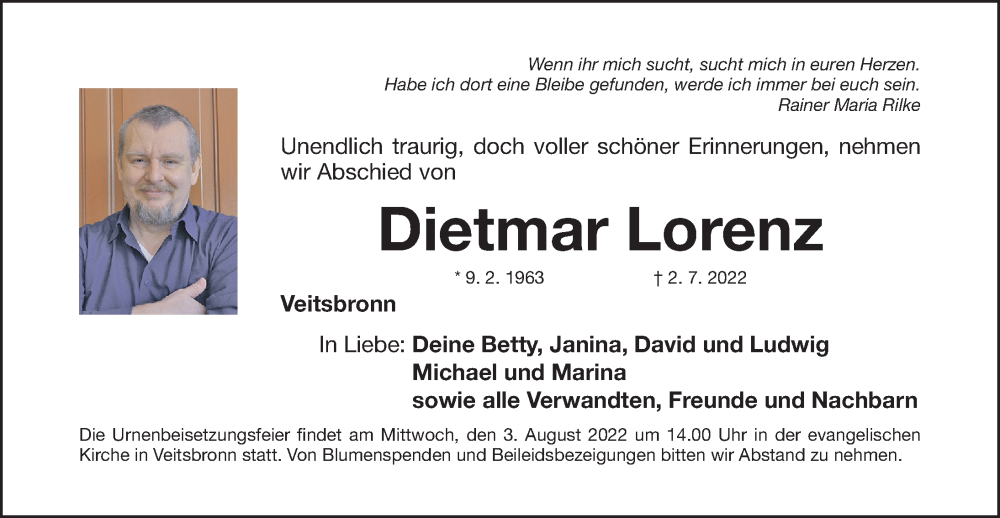 Traueranzeige für Dietmar Lorenz vom 29.07.2022 aus Gesamtausgabe Nürnberger Nachrichten/ Nürnberger Ztg.