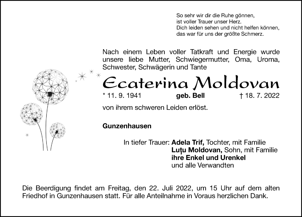  Traueranzeige für Ecaterina Moldovan vom 21.07.2022 aus Altmühl-Bote Lokal