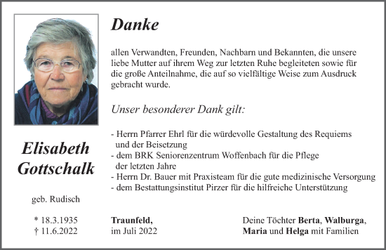 Traueranzeige von Elisabeth Gottschalk von Neumarkter Nachrichten Lokal
