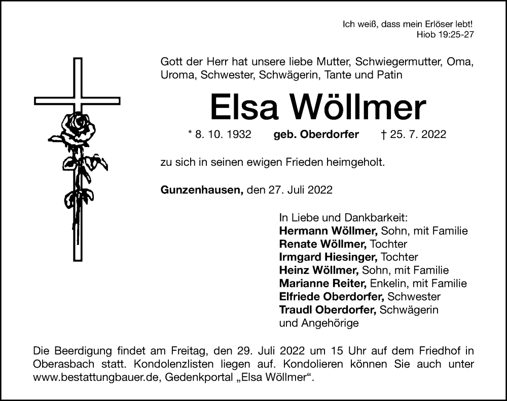  Traueranzeige für Elsa Wöllmer vom 27.07.2022 aus Altmühl-Bote Lokal