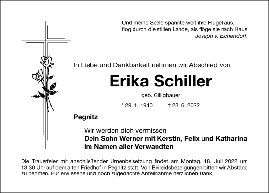 Traueranzeige von Erika Schiller von Nordbayerische Nachrichten Pegnitz Lokal