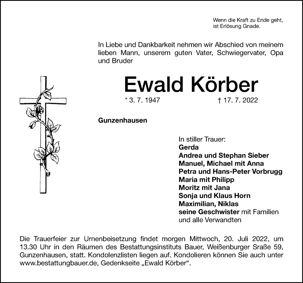  Traueranzeige für Ewald Körber vom 19.07.2022 aus Altmühl-Bote Lokal