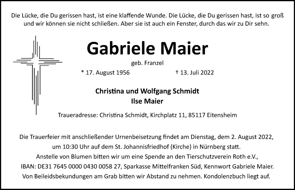  Traueranzeige für Gabriele Maier vom 27.07.2022 aus Gesamtausgabe Nürnberger Nachrichten/ Nürnberger Ztg.