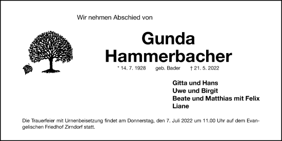 Traueranzeige von Gunda Hammerbacher von Fürther Nachrichten Lokal