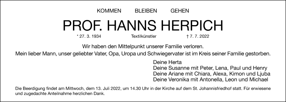  Traueranzeige für Hanns Herpich vom 11.07.2022 aus Gesamtausgabe Nürnberger Nachrichten/ Nürnberger Ztg.