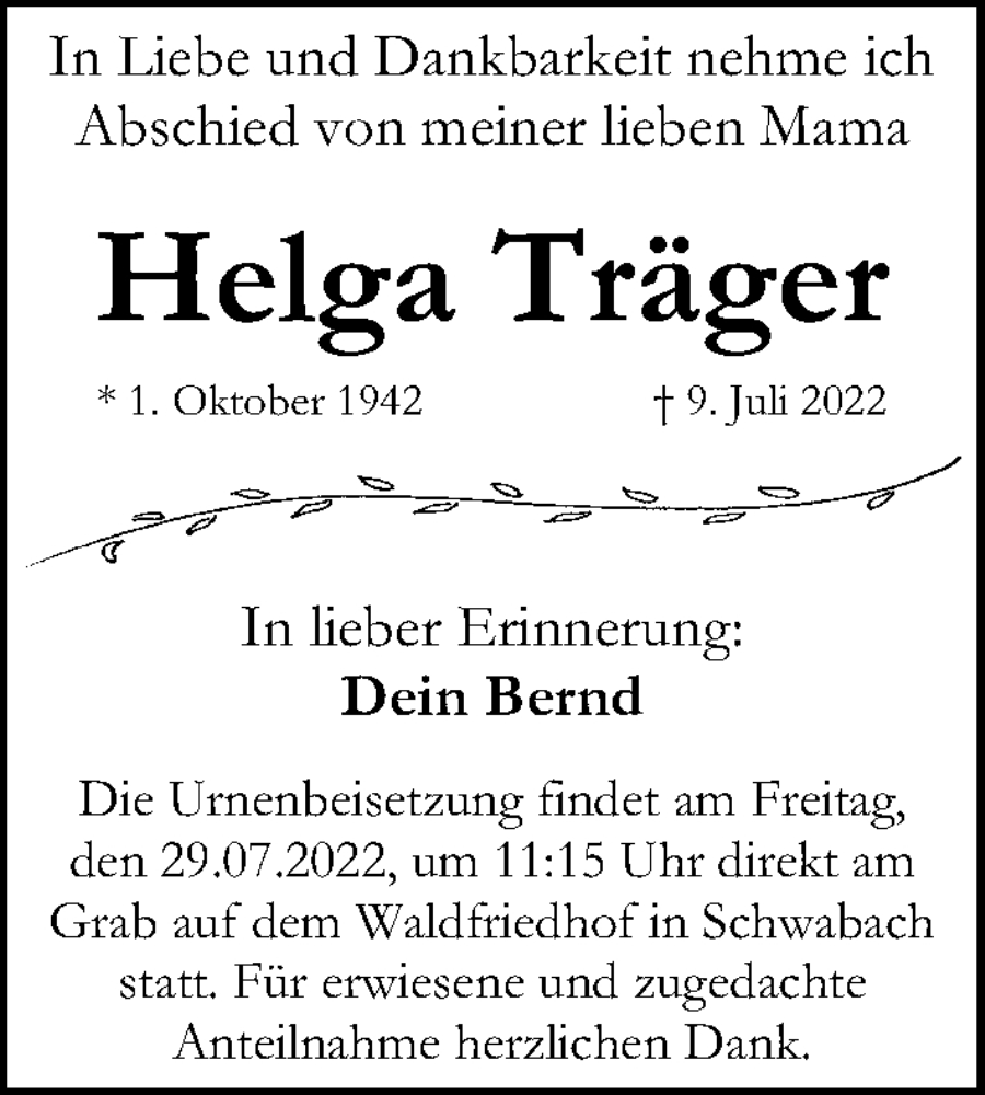  Traueranzeige für Helga Träger vom 23.07.2022 aus Schwabacher Tagblatt Lokal