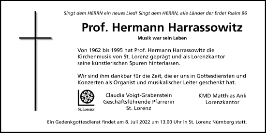 Traueranzeige von Hermann Harrassowitz von Gesamtausgabe Nürnberger Nachrichten/ Nürnberger Ztg.