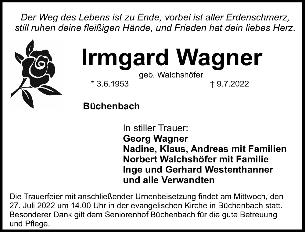  Traueranzeige für Irmgard Wagner vom 23.07.2022 aus Roth-Hilpoltsteiner Volkszeitung Lokal