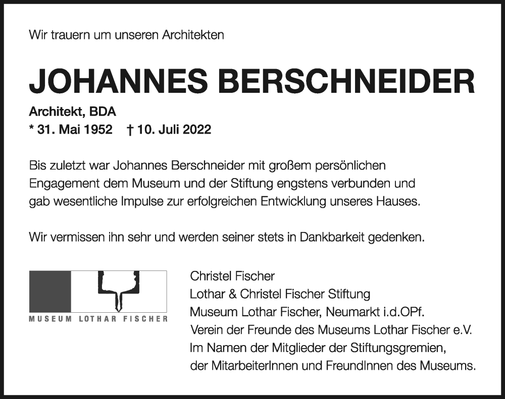  Traueranzeige für Johannes Berschneider vom 14.07.2022 aus Gesamtausgabe Nürnberger Nachrichten/ Nürnberger Ztg./ Neumarkter Nachrichten