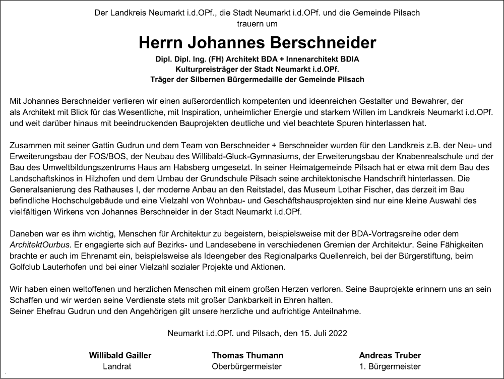  Traueranzeige für Johannes Berschneider vom 15.07.2022 aus Neumarkter Nachrichten Lokal