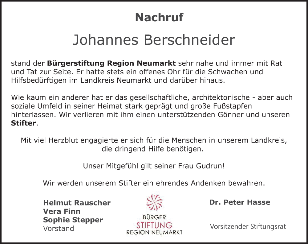 Traueranzeige für Johannes Berschneider vom 12.07.2022 aus Neumarkter Nachrichten Lokal
