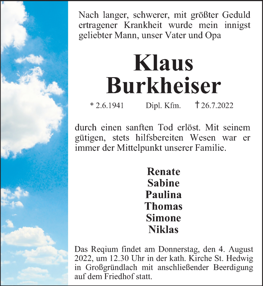  Traueranzeige für Klaus Burkheiser vom 30.07.2022 aus Gesamtausgabe Nürnberger Nachrichten/ Nürnberger Ztg.