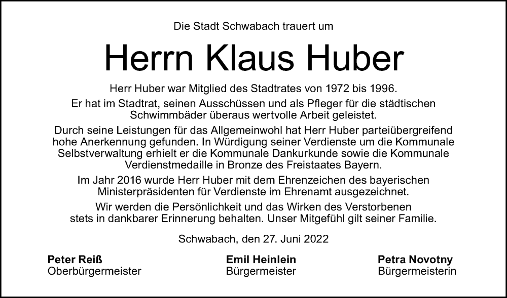  Traueranzeige für Klaus Huber vom 09.07.2022 aus Schwabacher Tagblatt Lokal