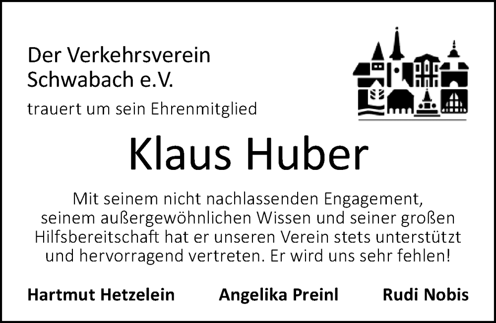  Traueranzeige für Klaus Huber vom 09.07.2022 aus Schwabacher Tagblatt Lokal