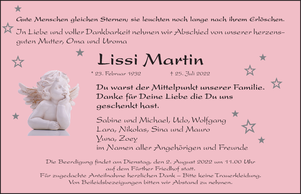  Traueranzeige für Lissi Martin vom 30.07.2022 aus Fürther Nachrichten Lokal