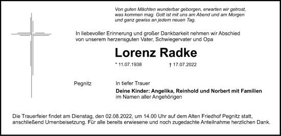 Traueranzeige von Lorenz Radke von Nordbayerische Nachrichten Pegnitz Lokal