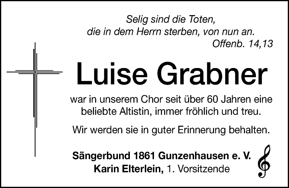  Traueranzeige für Luise Grabner vom 12.07.2022 aus Altmühl-Bote Lokal