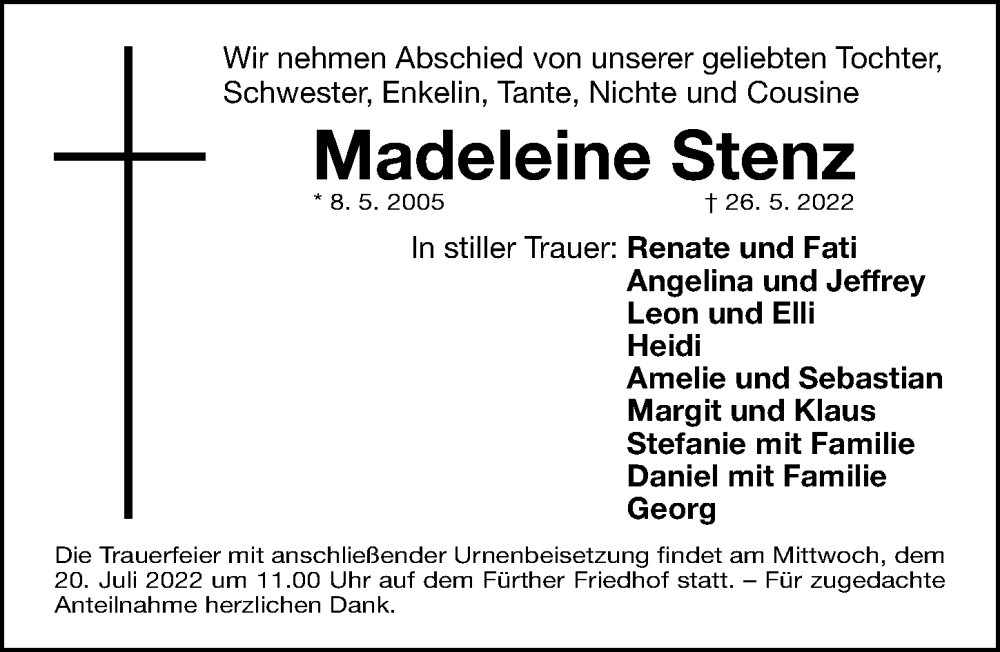 Traueranzeige für Madeleine Stenz vom 09.07.2022 aus Fürther Nachrichten Lokal