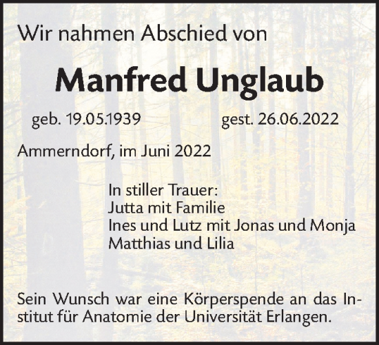 Traueranzeige von Manfred Unglaub von Gesamtausgabe Nürnberger Nachrichten/ Nürnberger Ztg.